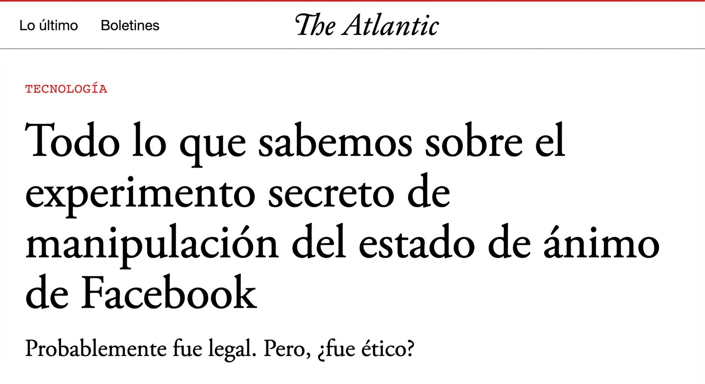 Captura de pantalla de un artículo en línea del Atlantic sobre el experimento de manipulación social de Facebook.