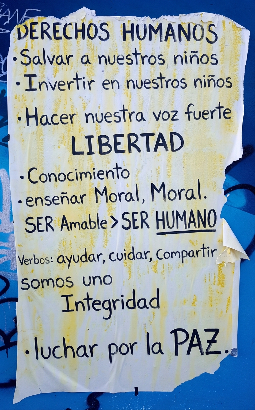 Foto de un cartel rasgado en una pared con declaraciones éticas.