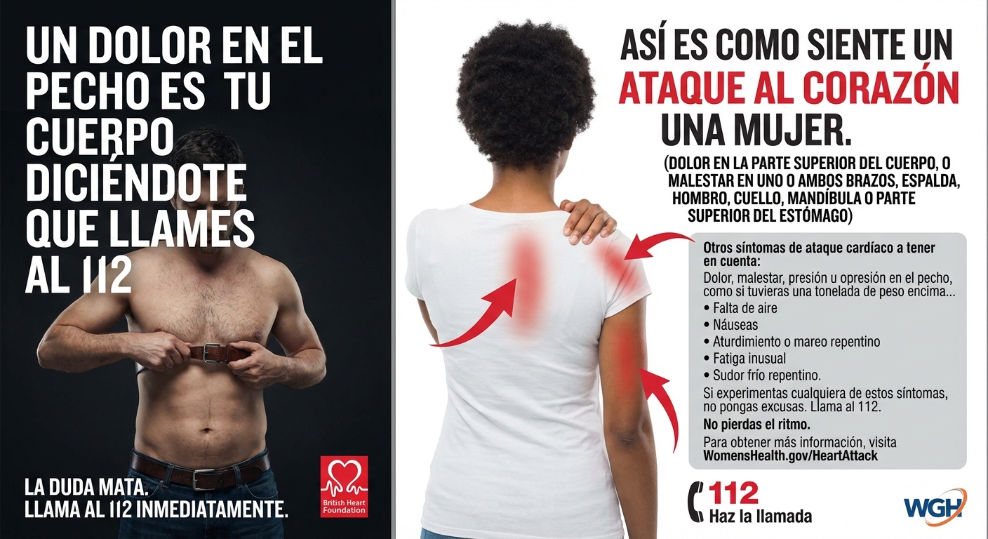 Ilustración de los distintos síntomas de un infarto en un hombre con opresión en el pecho y una mujer con dolor de espalda.