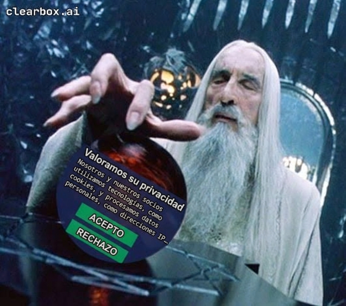 Meme de Saruman intentando mirar en su Palantir, bloqueada por una solicitud de consentimiento.