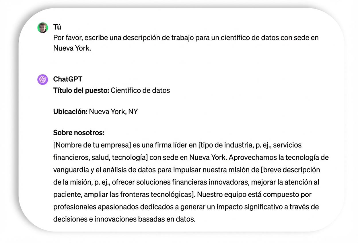 Prompt y respuesta a una oferta de empleo para científico de datos.