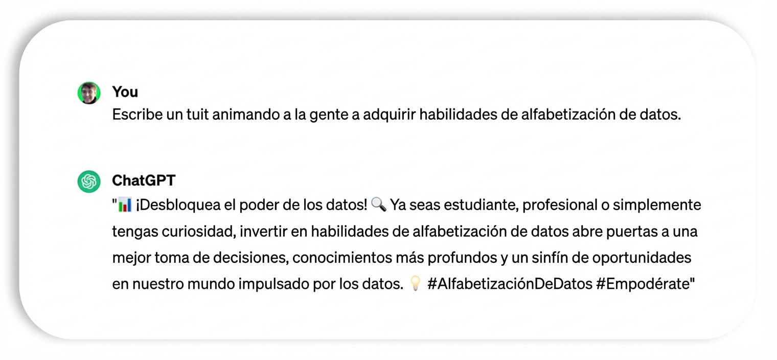 Un tuit generado por ChatGPT que dice: « ¡Descubre el poder de los datos!  Si eres estudiante, profesional o simplemente tienes curiosidad, invertir en habilidades de alfabetización en datos te abre las puertas a una mejor toma de decisiones, conocimientos más profundos y un sinfín de oportunidades en nuestro mundo impulsado por los datos.  #DataLiteracy #EmpowerYourself»