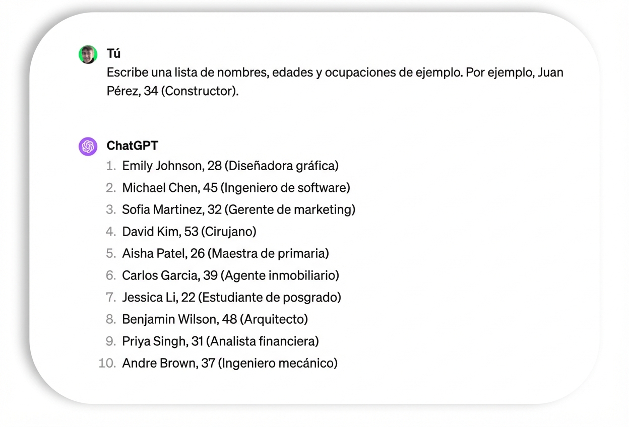 Prompt y respuesta de ejemplos de nombres y profesiones.
