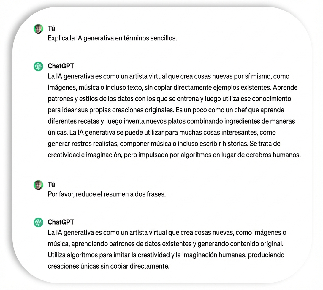 Explicación de ChatGPT en dos frases de la IA generativa.