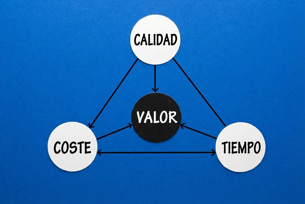 Un triángulo de valor con la calidad, el coste y el tiempo en sus vértices.
