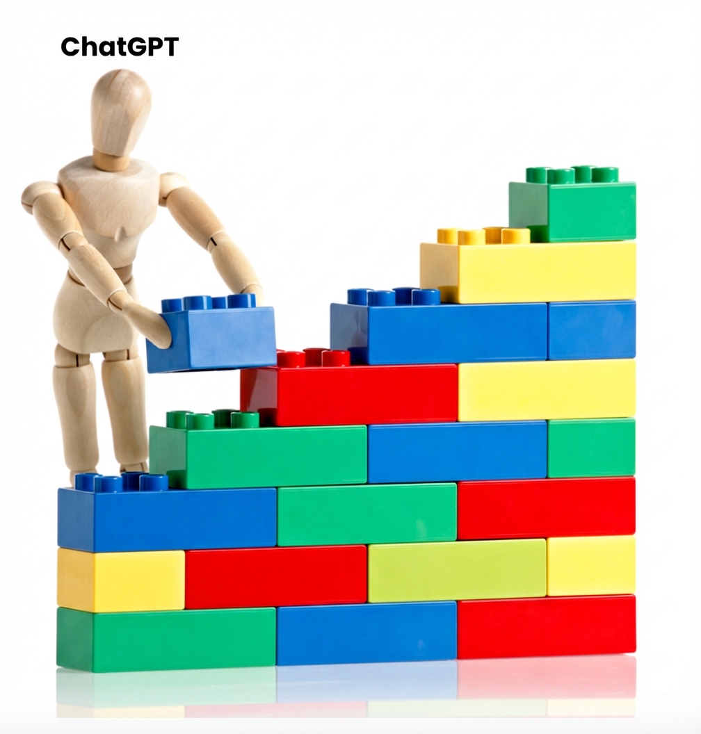 Un maniquí construyendo una pared con bloques para representar lo que ChatGPT hace con el texto.