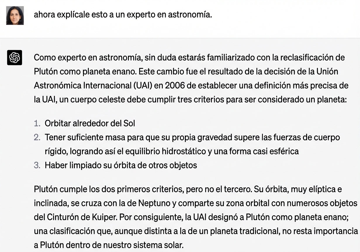 Un ejemplo de conversación que explica por qué Plutón no forma parte del sistema solar a un experto en astronomía.