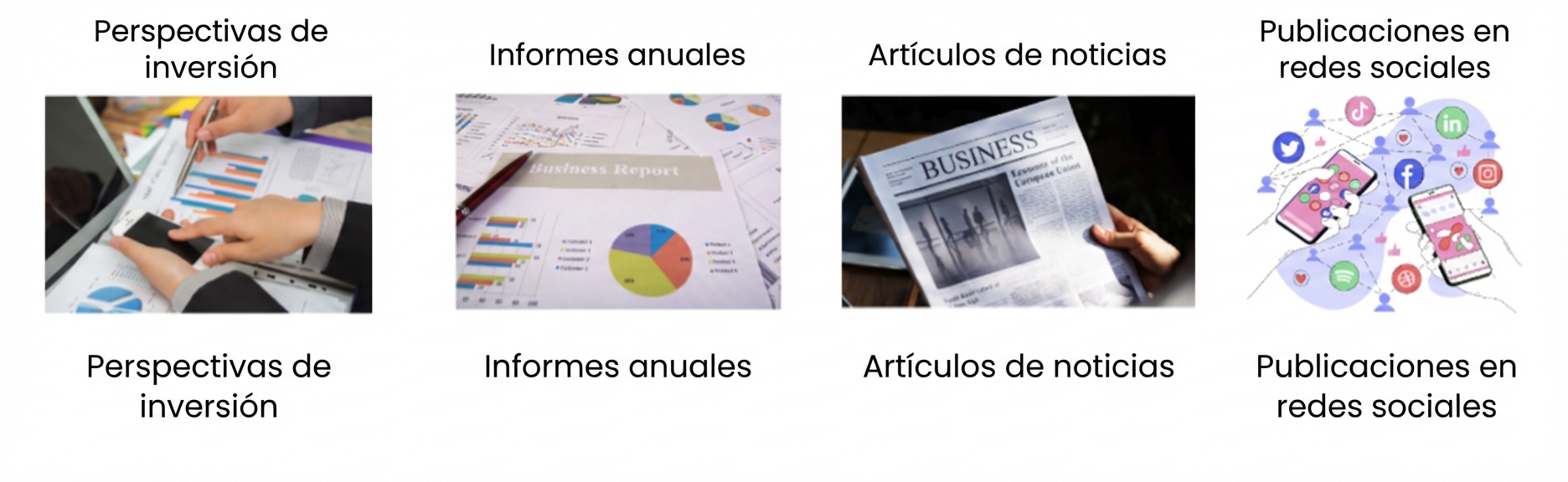 Imagen que representa datos de análisis financiero, como perspectivas de inversión, informes anuales, artículos de noticias y publicaciones en redes sociales.