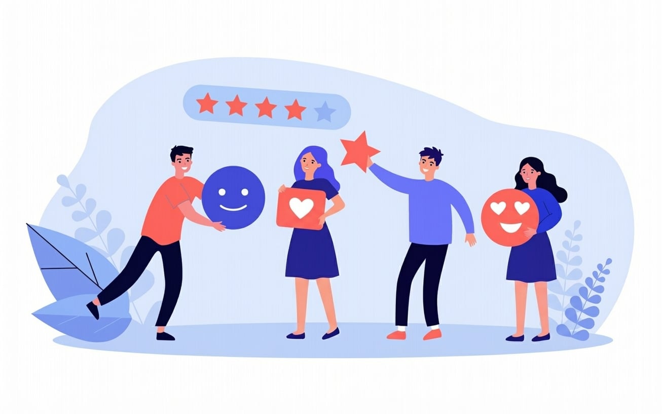 Ilustración de cuatro personas dando opiniones positivas mediante emojis y estrellas.
