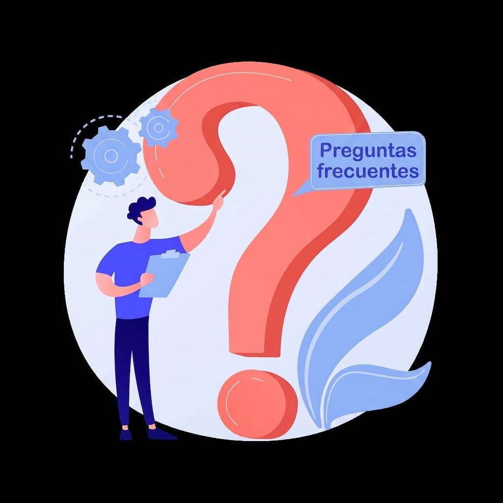 Una persona de pie con un portapapeles señalando un texto genérico y un gran signo de interrogación