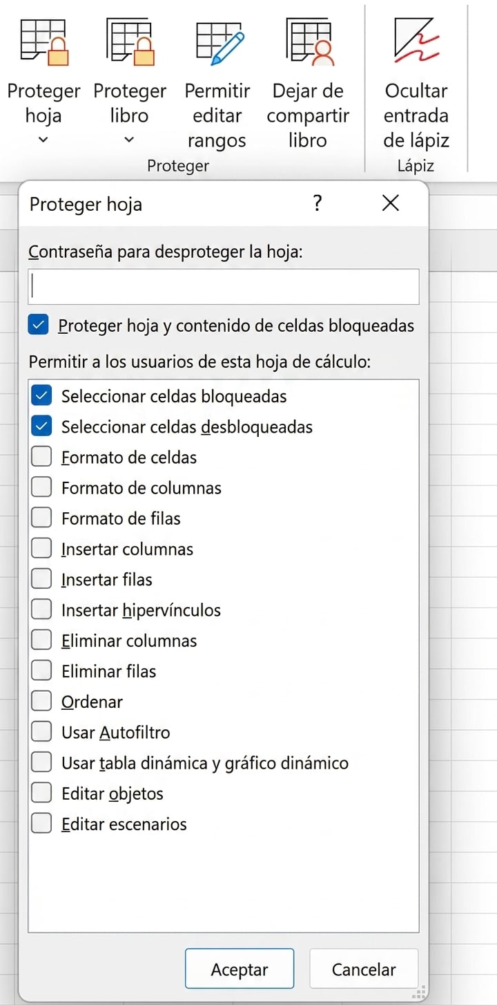 Ventana de proteger hoja