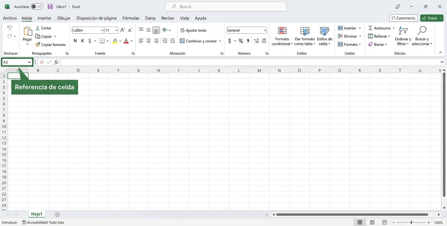 Archivo de Excel destacando la referencia de celda