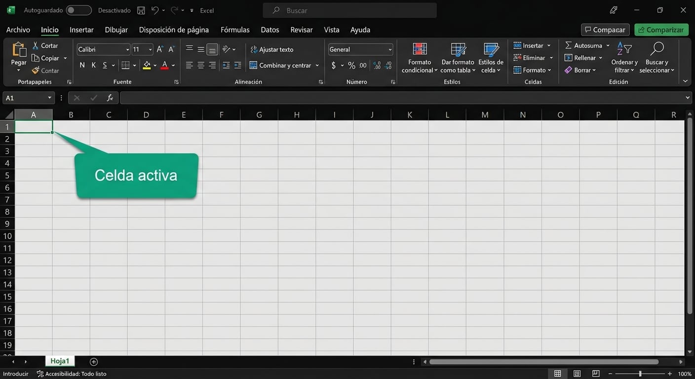 Archivo de Excel destacando la celda activa