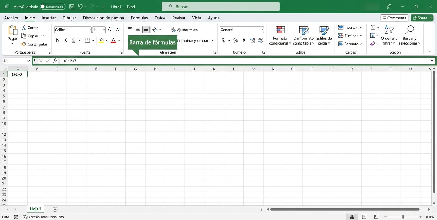 Archivo de Excel destacando la barra de fórmulas