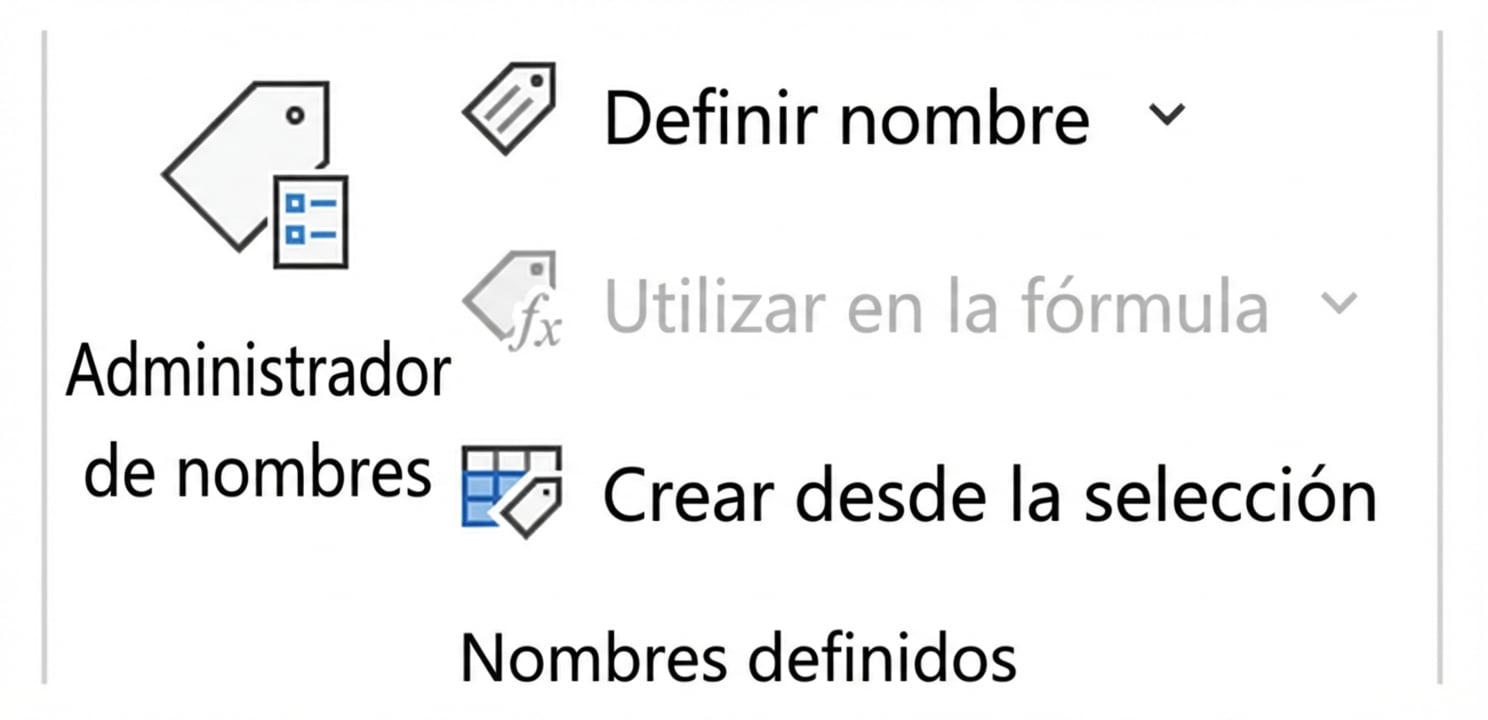 Imagen con funciones de Excel para nombrar rangos de celdas.