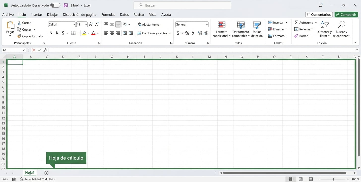 Archivo de Excel destacando el área de la hoja