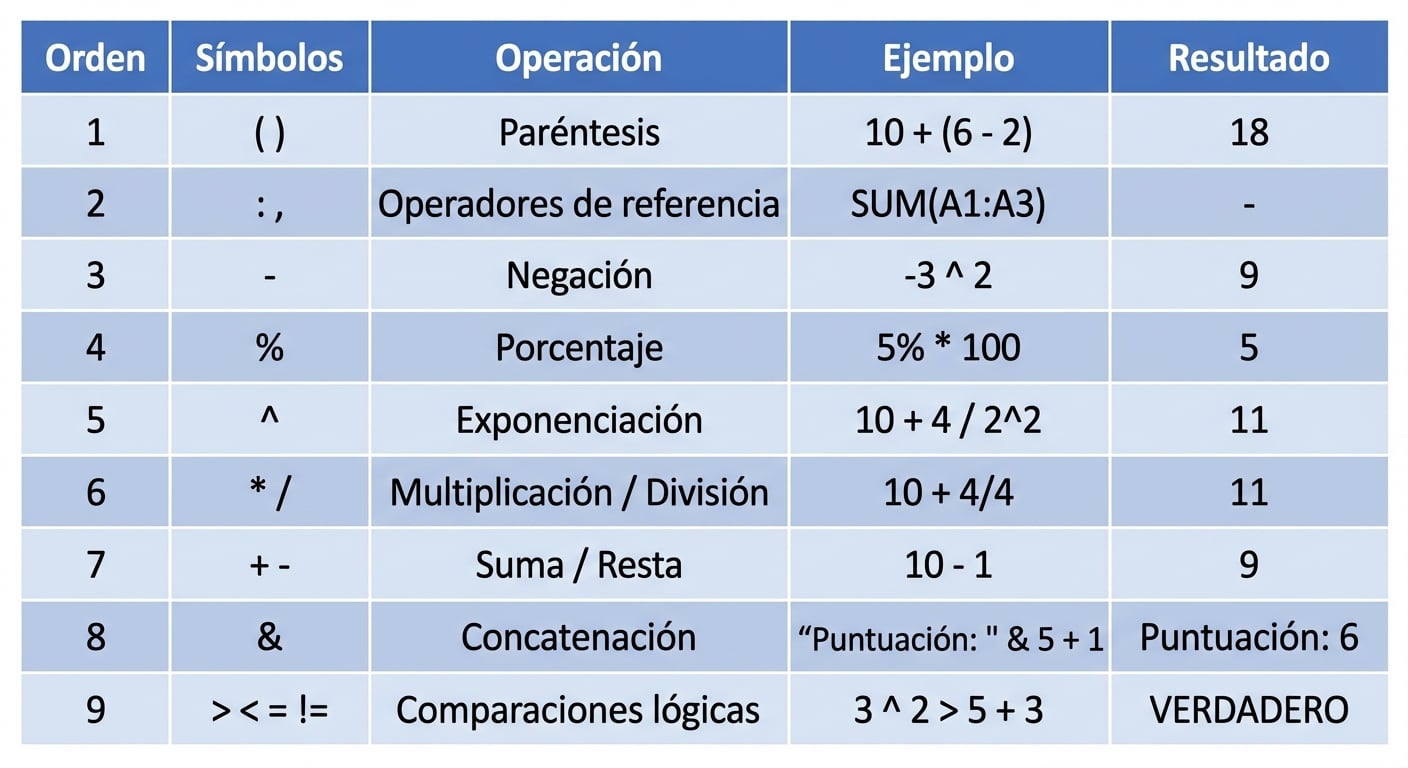 Lista del orden de operaciones de Excel con ejemplos