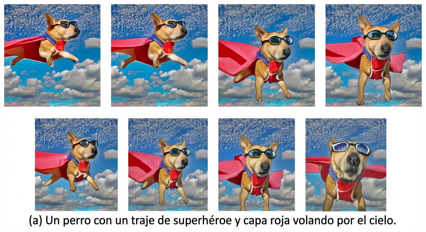Fotogramas de un vídeo generado por IA de un perro volando.