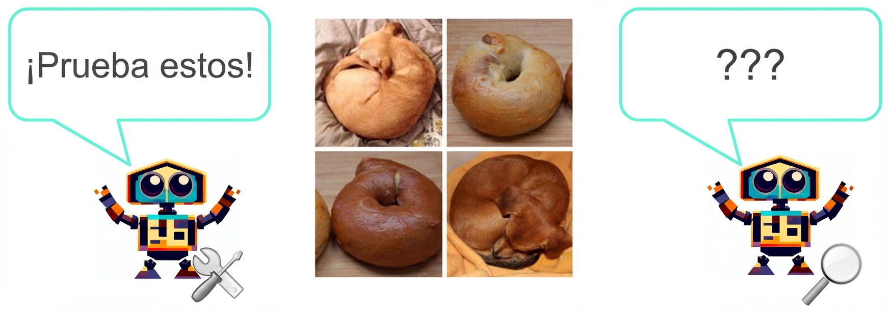 Un dibujo de modelo generativo que desafía a un modelo discriminativo con imágenes de cachorros acurrucados que se parecen mucho a bagels.