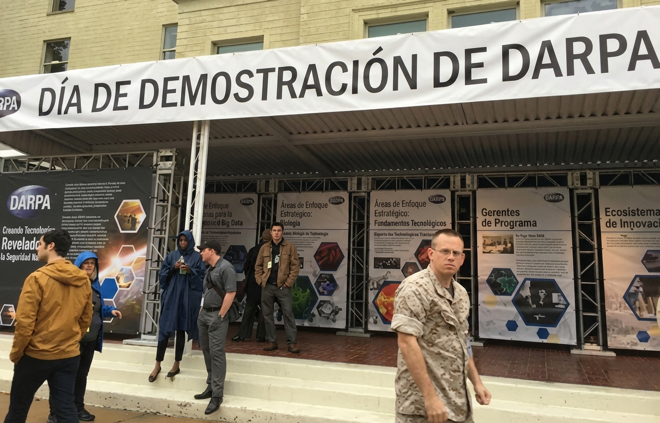 Imagen de los estands de la conferencia con un cartel en la parte superior que dice «DARPA Demo Day».