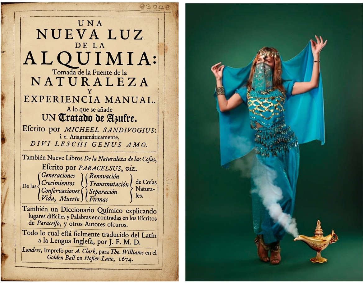 Imágenes de un manuscrito de alquimia y un genio saliendo de una lámpara mágica.
