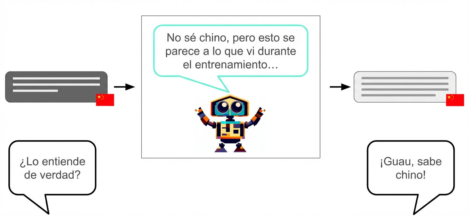 Un robot recibe como entrada caracteres chinos y genera como salida caracteres chinos. Sin embargo, dentro de la caja, reflexiona: «No entiendo muy bien el chino, pero esto se parece a lo que vi durante el entrenamiento...»