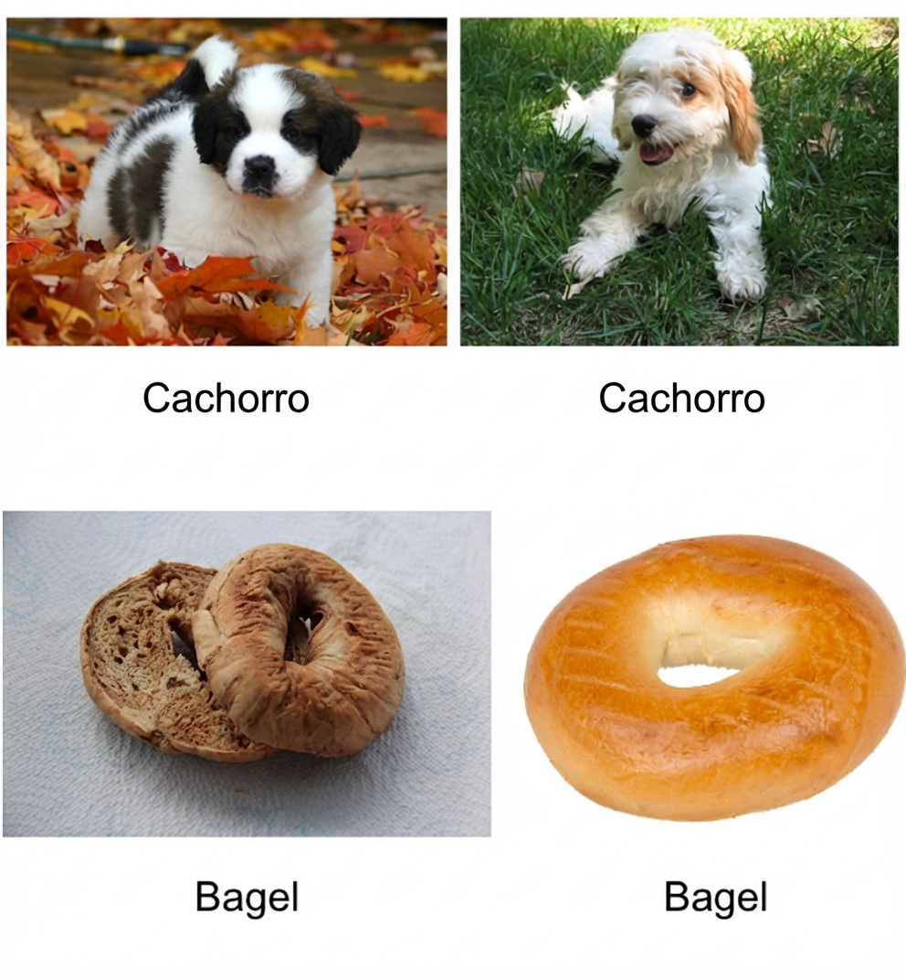 Cuatro imágenes etiquetadas, dos imágenes de cachorros y dos imágenes de bagels