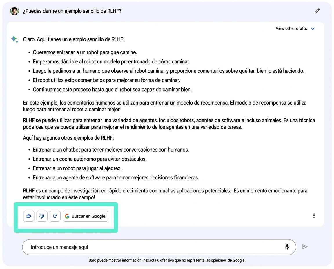 Imagen de la interfaz de chat de Google Bard con las opciones de respuesta «pulgar hacia arriba» y «pulgar hacia abajo» resaltadas