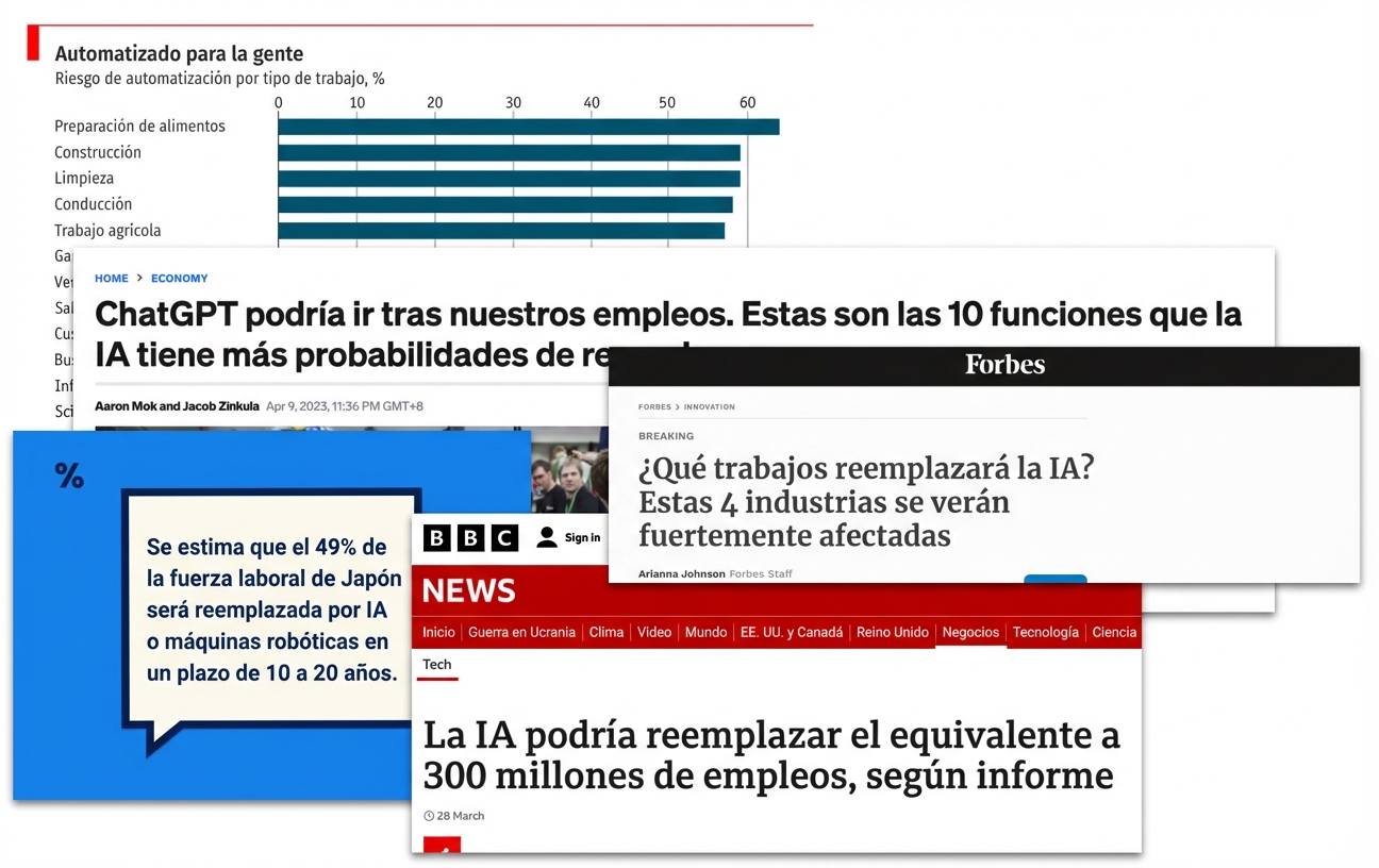 Titulares de noticias y gráficos que proclaman cómo la IA sustituirá a una gran variedad de puestos de trabajo.