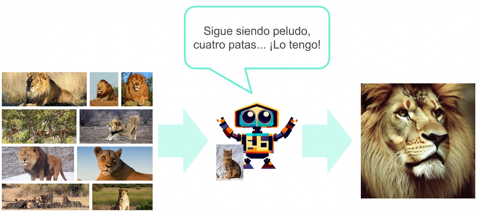 Un modelo que aprende a partir de imágenes de leones, diciendo «Sigue siendo peludo y con cuatro patas...». ¡Lo tengo!», y muestra una imagen de un león.