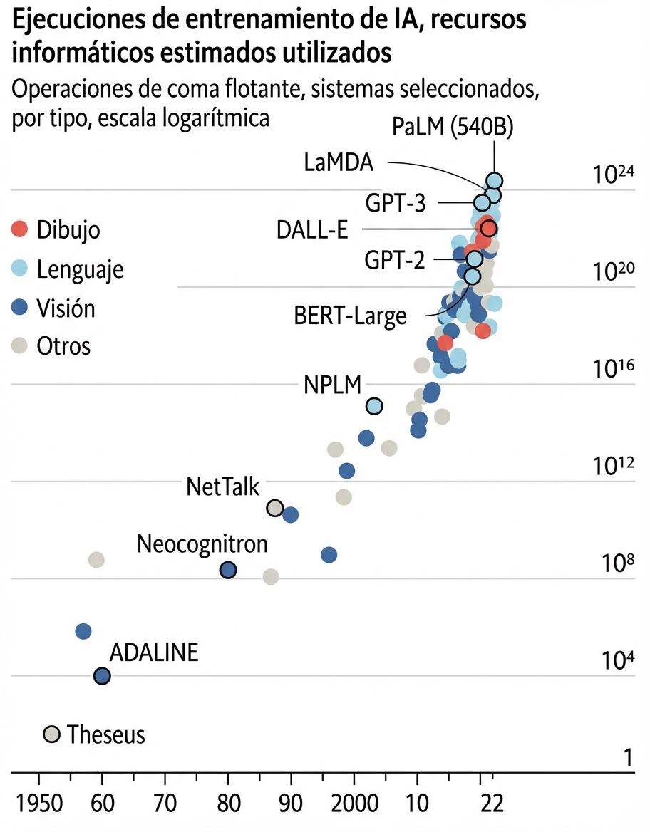 Gráfico que muestra el crecimiento exponencial de la potencia informática necesaria para el entrenamiento de modelos de IA, desde menos de 10^4 operaciones de coma flotante en 1950 hasta 10^24 operaciones de coma flotante en 2022.