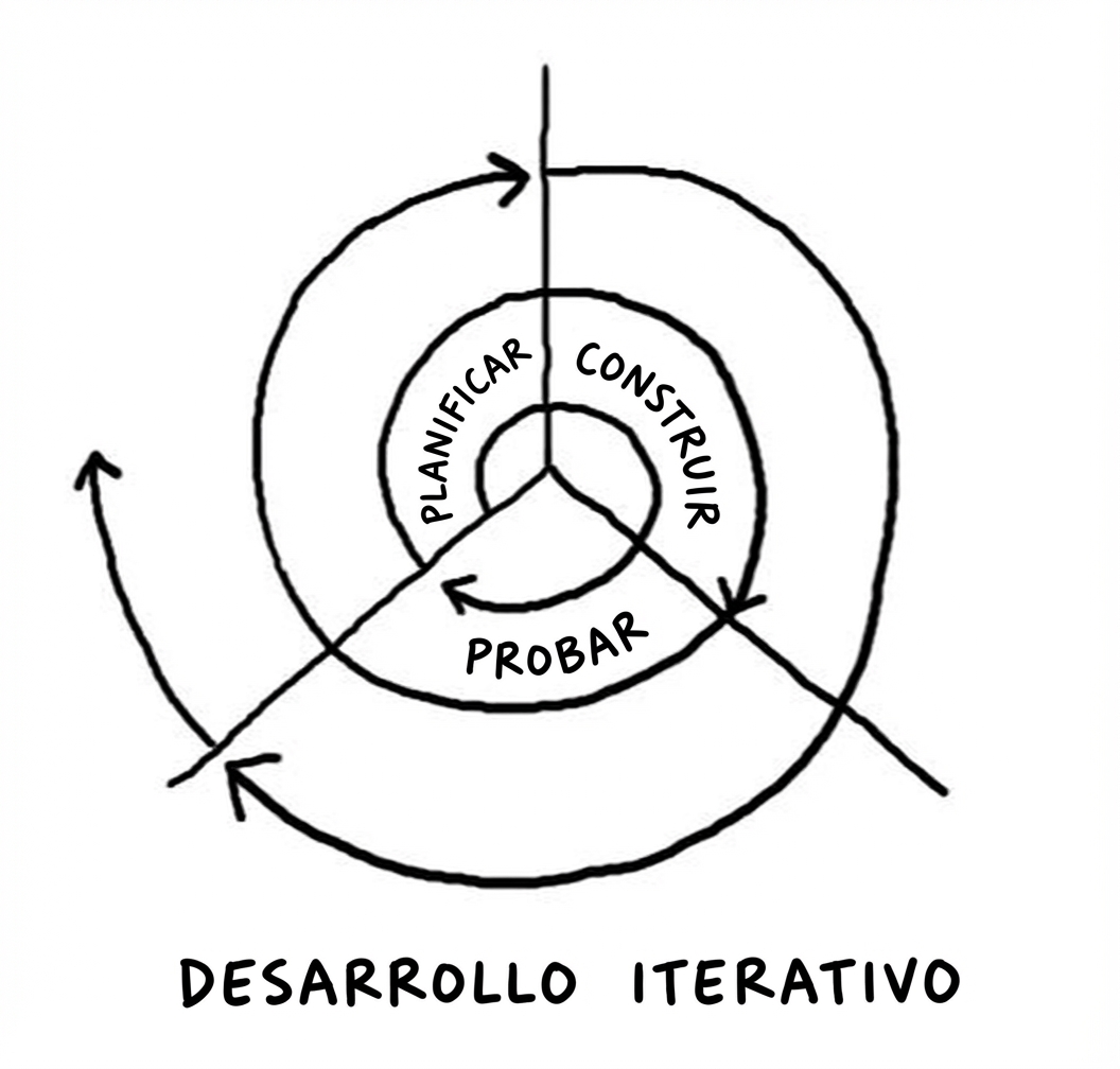 Una representación visual del desarrollo iterativo, en el que cada paso se mueve hacia afuera en espiral