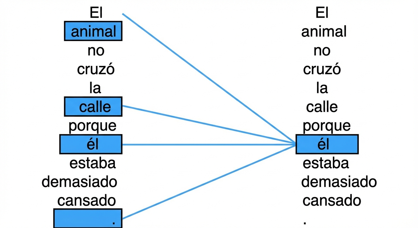 La frase: «El animal no cruzó la calle porque estaba demasiado cansado». Las palabras «estaba» y «animal» están resaltadas.