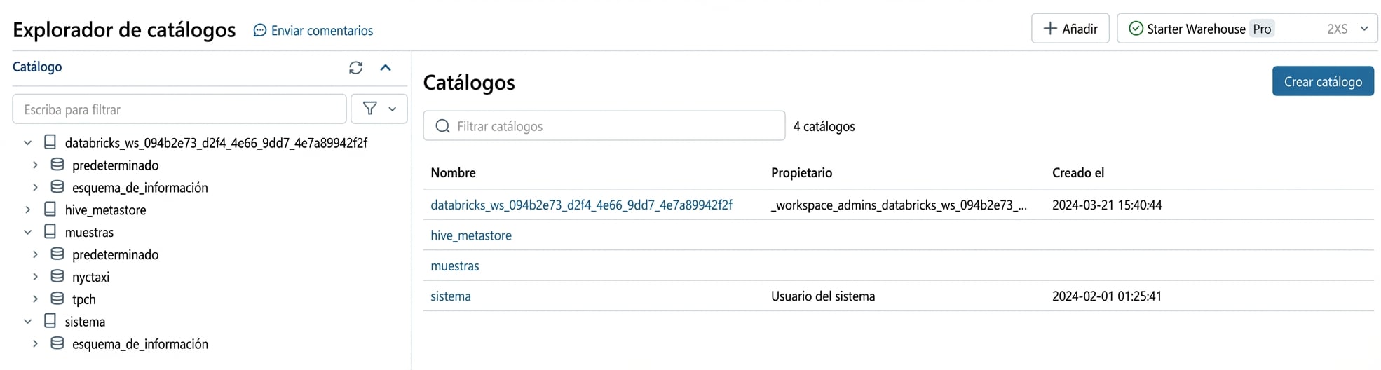 Captura de Catalog Explorer
