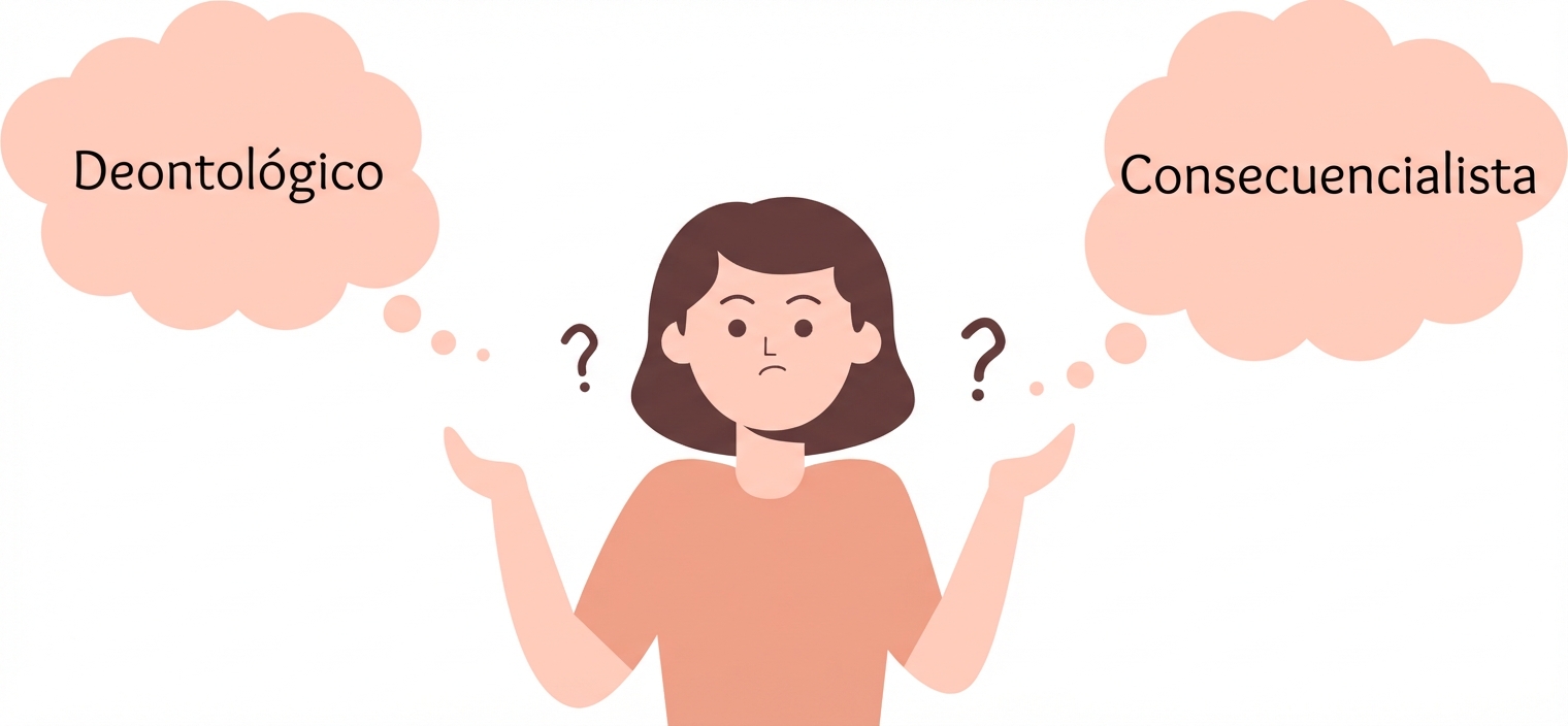 Una persona confundida por los diferentes enfoques éticos.