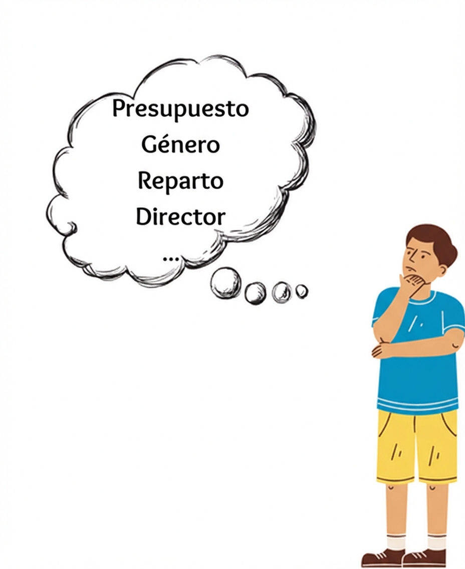 Una persona que piensa en características como el presupuesto, el género, el reparto y el director.