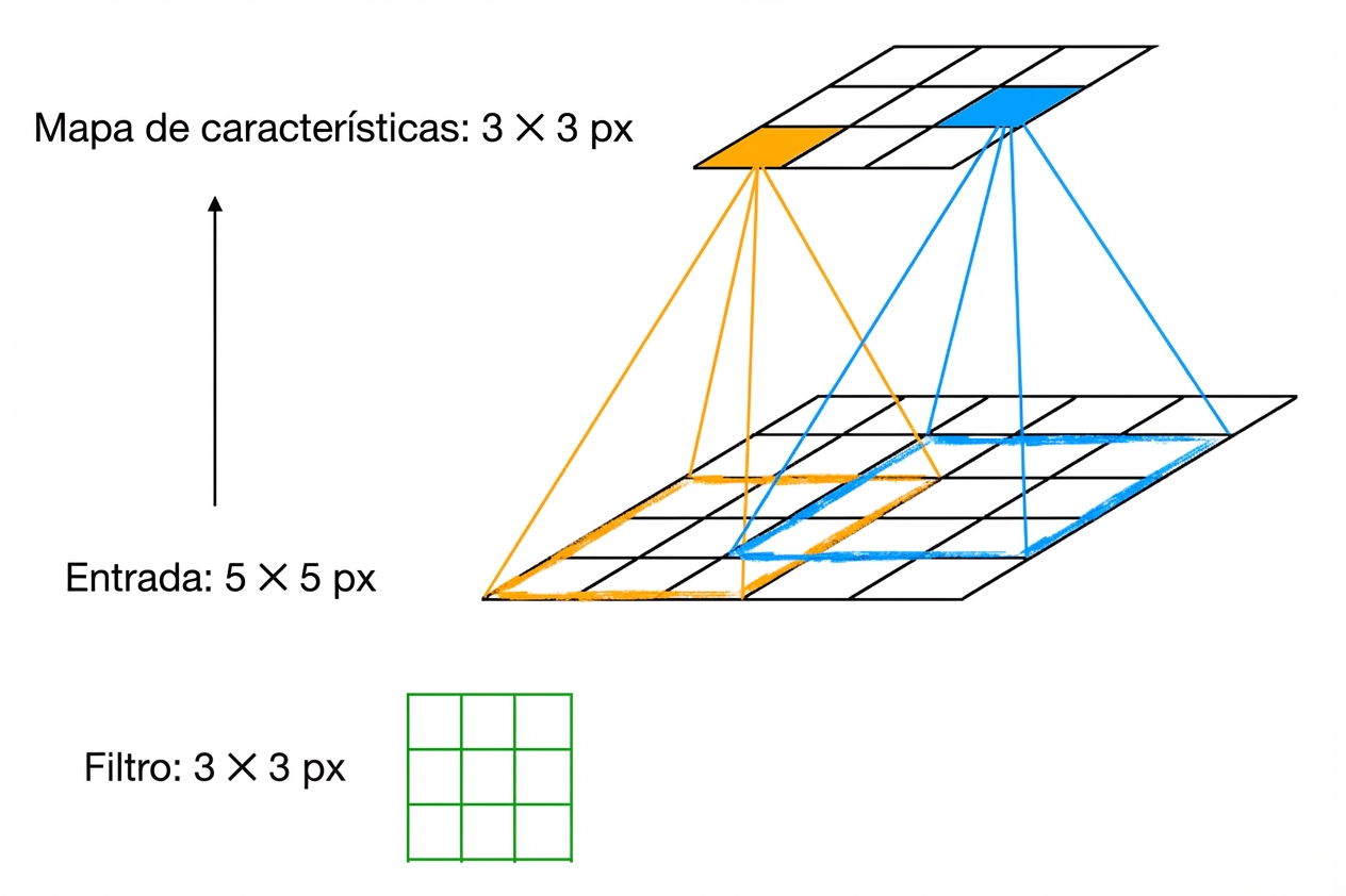 El filtro de tamaño 3 por 3 se desliza sobre la entrada de tamaño 5 por 5 para producir un mapa de características de tamaño 3 por 3.