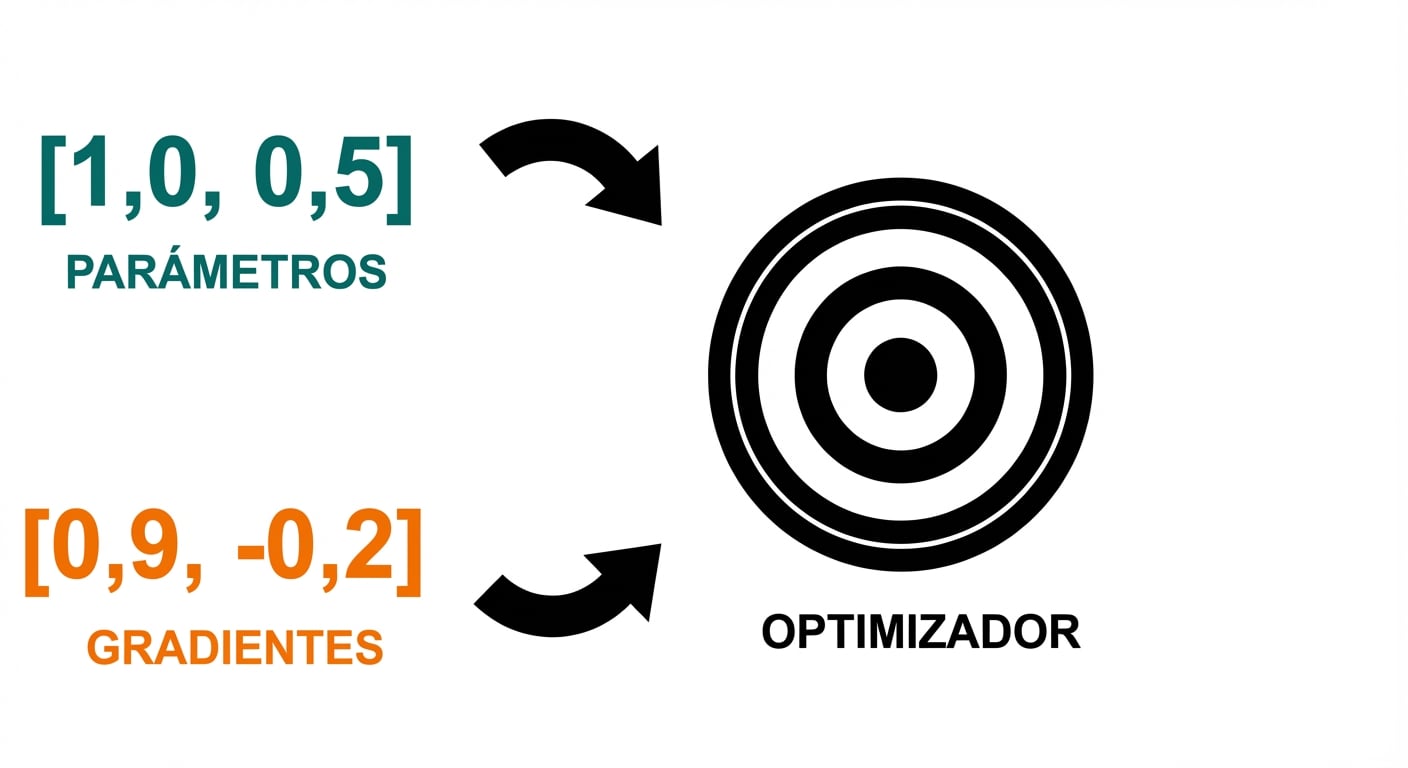 Las flechas indican cómo se pasan los dos vectores con parámetros y gradientes al optimizador, representado como un tablero.