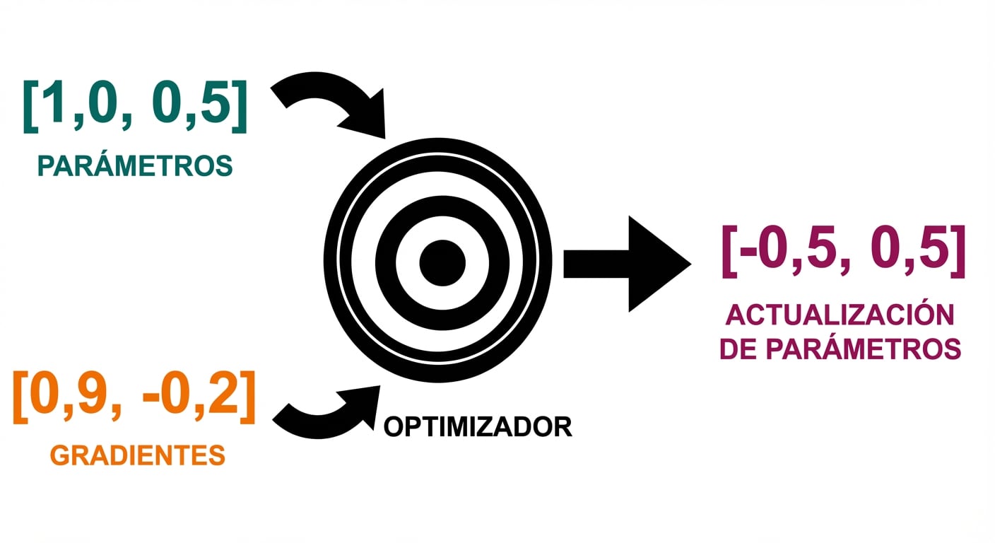 Una flecha del optimizador apunta hacia un vector con dos actualizaciones de parámetros: -0,5 y 0,5.