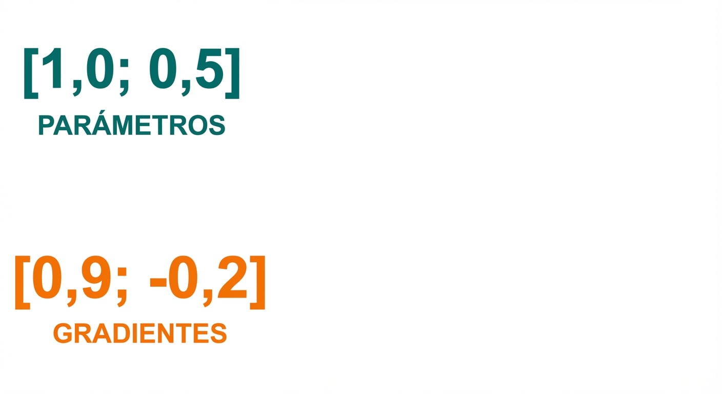 Dos vectores de longitud dos: uno con valores de parámetros (1 y 0,5) y otro con gradientes (0,9 y -0,2).