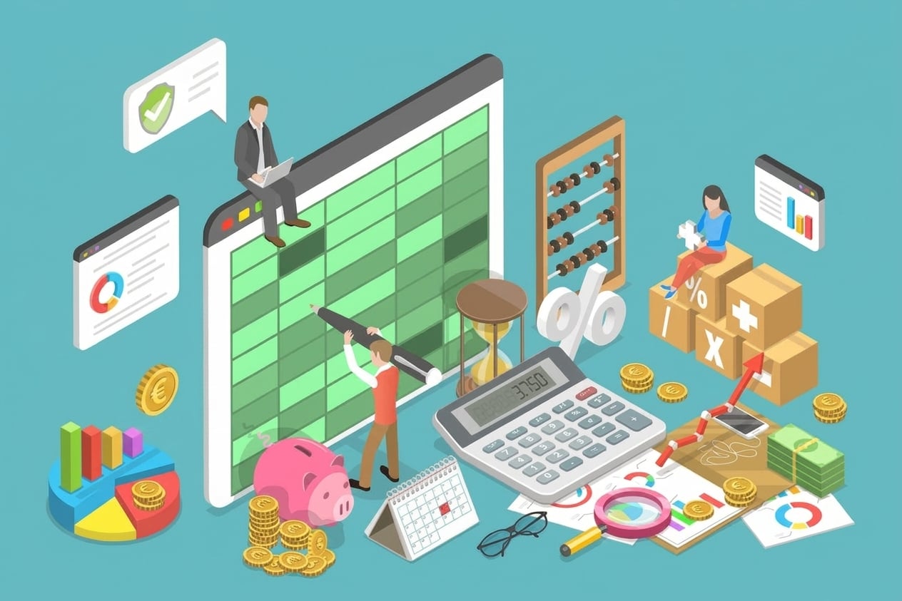 Imagen de varios objetos financieros y una cuadrícula de trabajo en una pantalla.