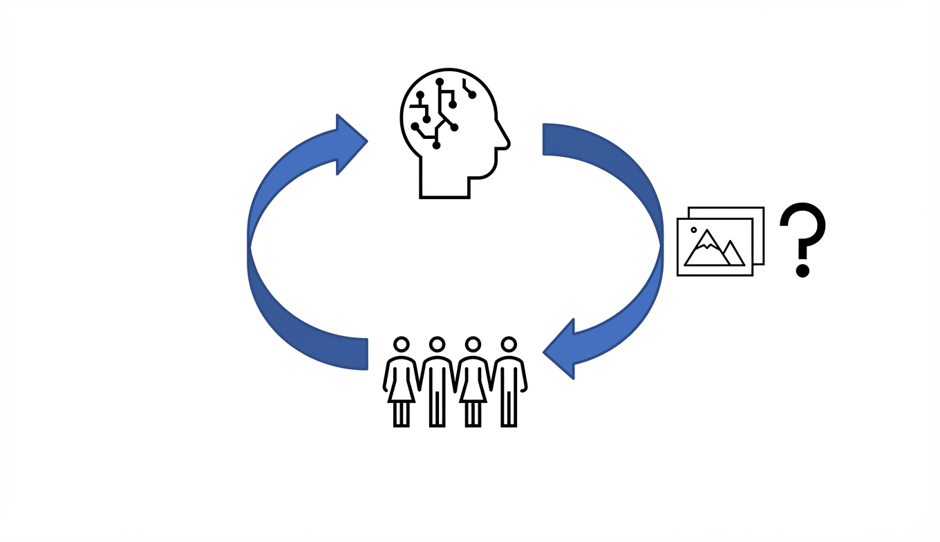 Un bucle con IA arriba y humanos abajo. Imagen con signo de interrogación al lado