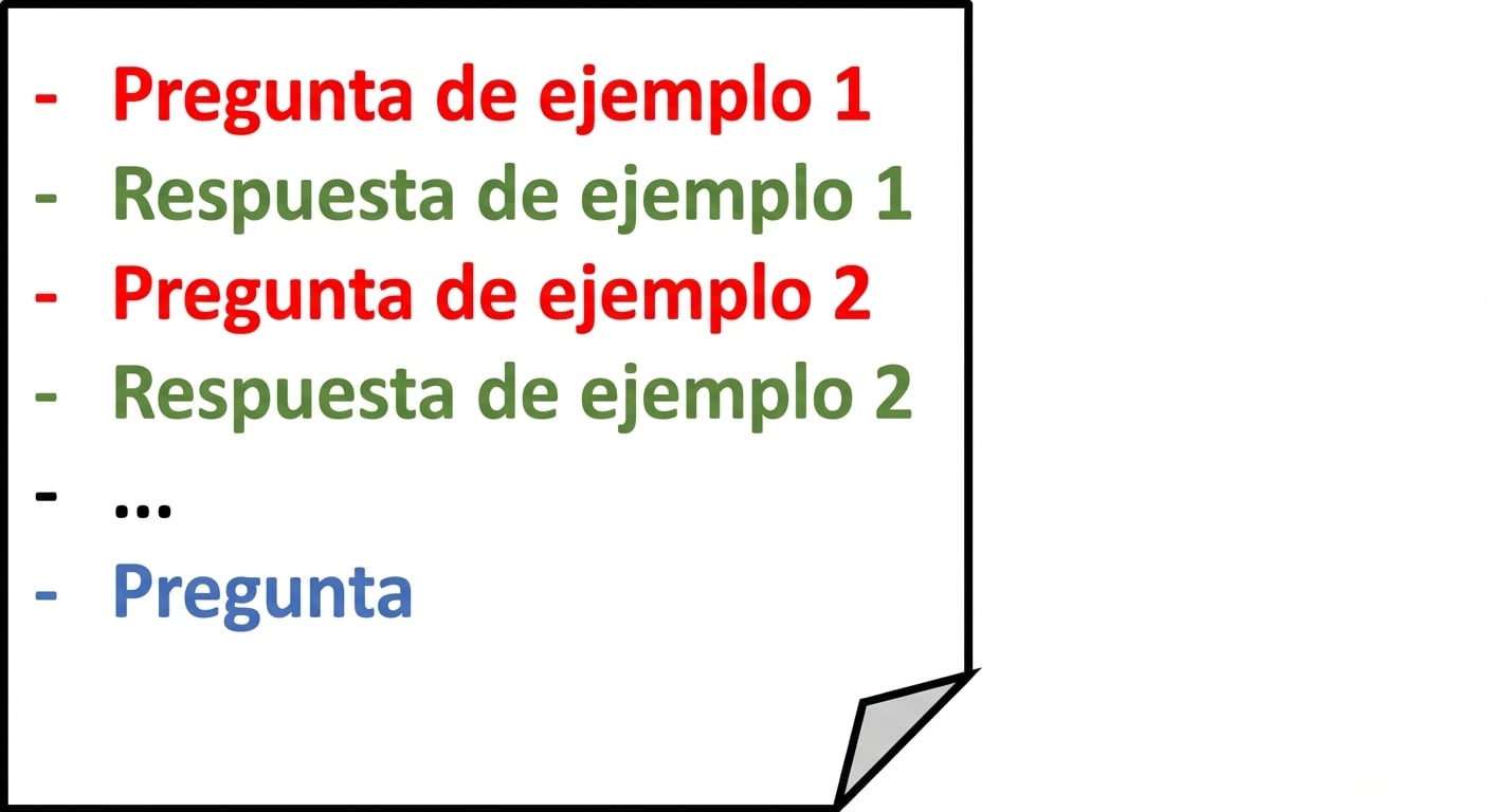 Una representación visual de un prompt few-shot que muestra su estructura con preguntas y respuestas de ejemplo, y finalmente la pregunta que queremos que el modelo responda.