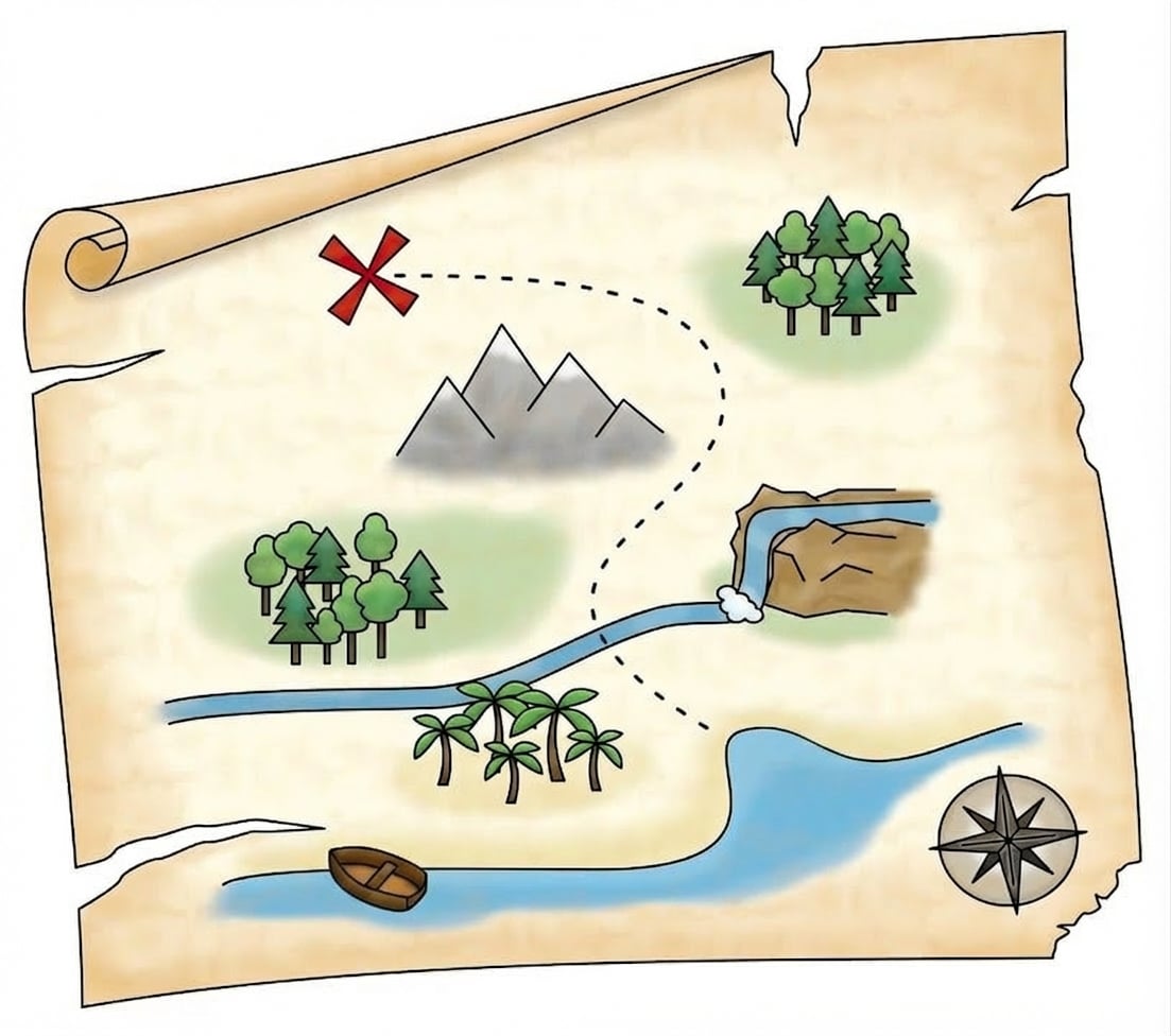 Imagen de un mapa del tesoro con pistas para encontrarlo.