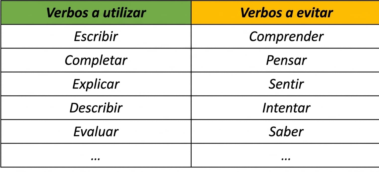 Tabla con verbos a usar como write, complete, explain, describe o evaluate, y verbos a evitar como understand, think, feel, try y know.