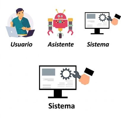 Imagen que muestra un icono para cada uno de los tres roles: usuario, sistema y asistente
