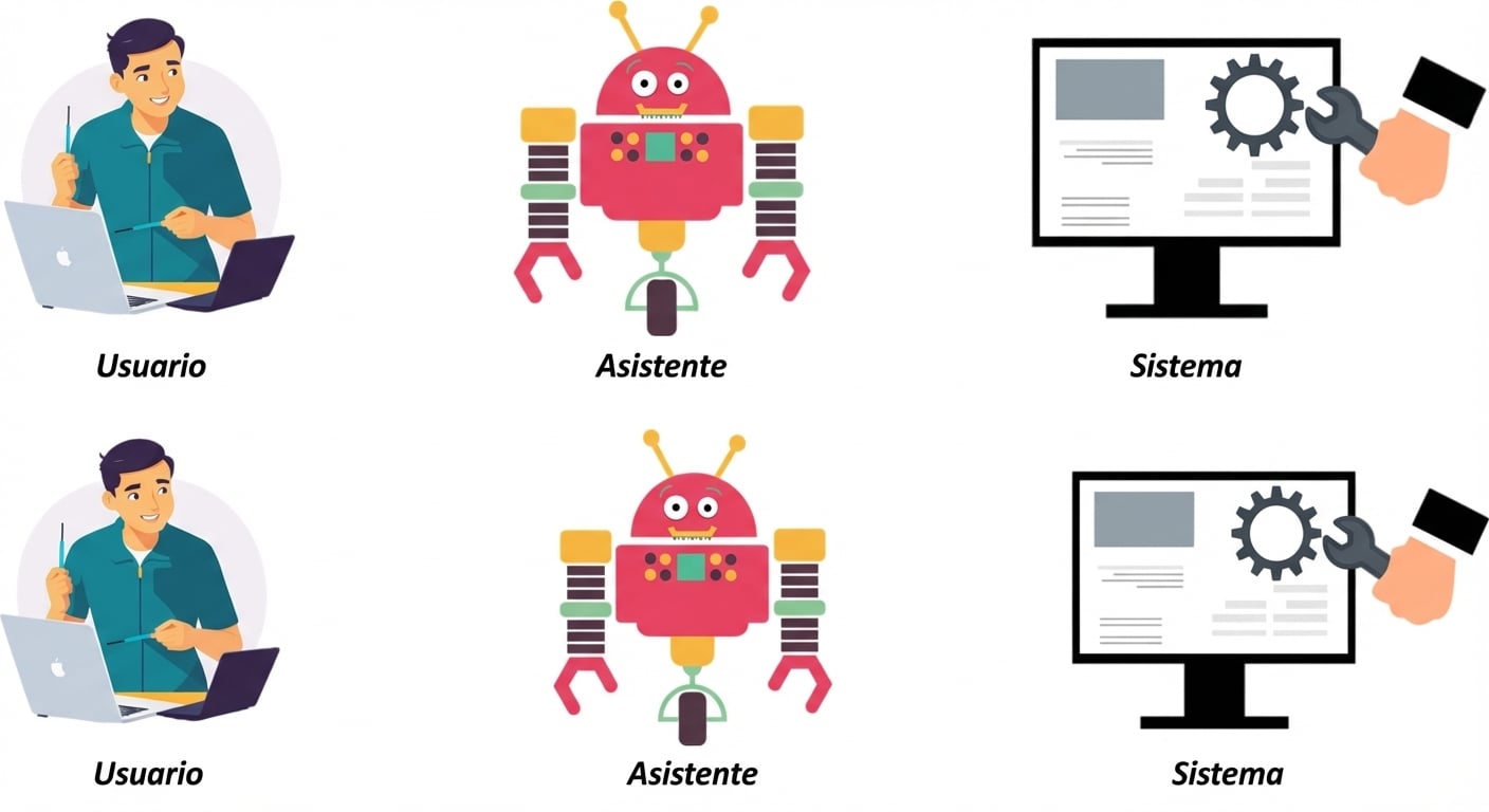 Imagen con un icono para cada uno de los tres roles: usuario, sistema y asistente