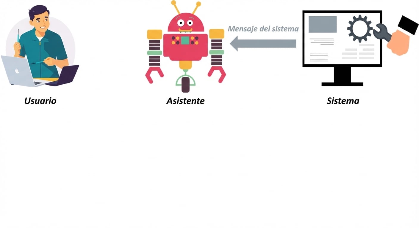 Imagen con un icono para cada uno de los tres roles, con una flecha de comunicación entre sistema y asistente para enviar mensajes del sistema.