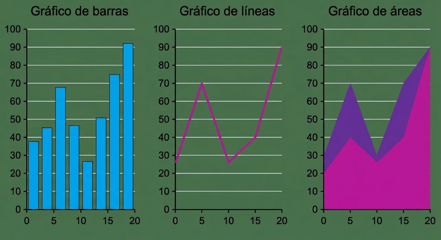 Ejemplos de gráficos básicos como barras, líneas y áreas
