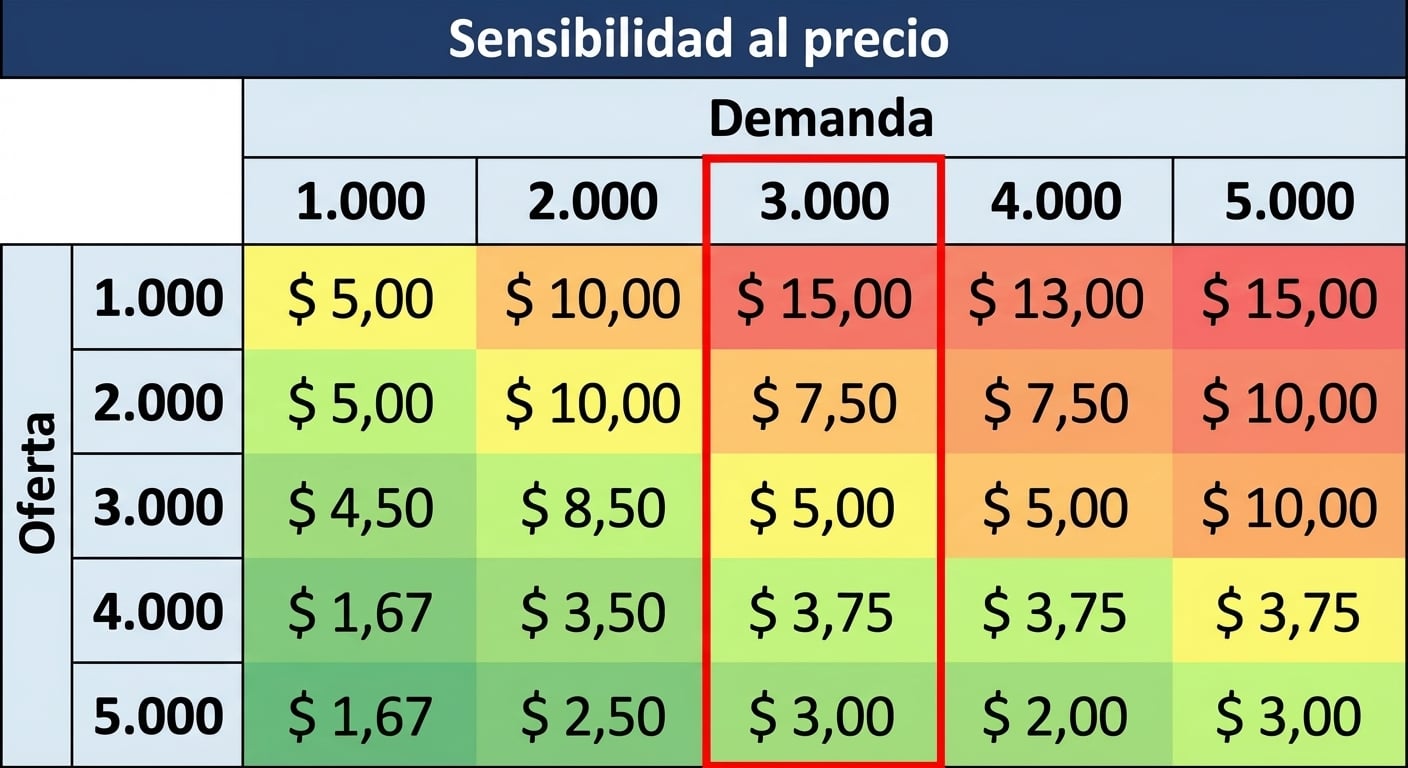 Tabla de sensibilidad con una columna resaltada